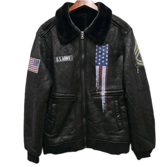 Shein Mens US Army Veteran Faux Fur Lapel Flight Jacket Sz L Black Military - Picture 1 of 11